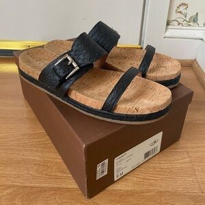 Coach New Women’s Size 9 Sunny Cut Snake Black Leather Cork Sandal Slides NIB